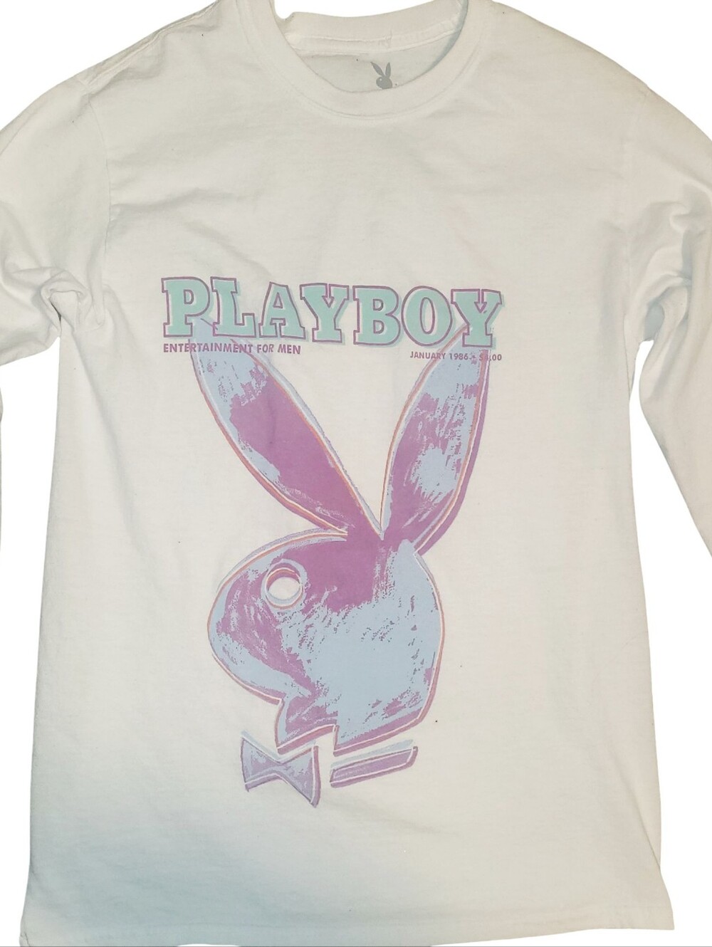 PLAYBOY White Long Sleeve Tee with Pastel Pink & Light Blue Bunny Graphic SIZE S